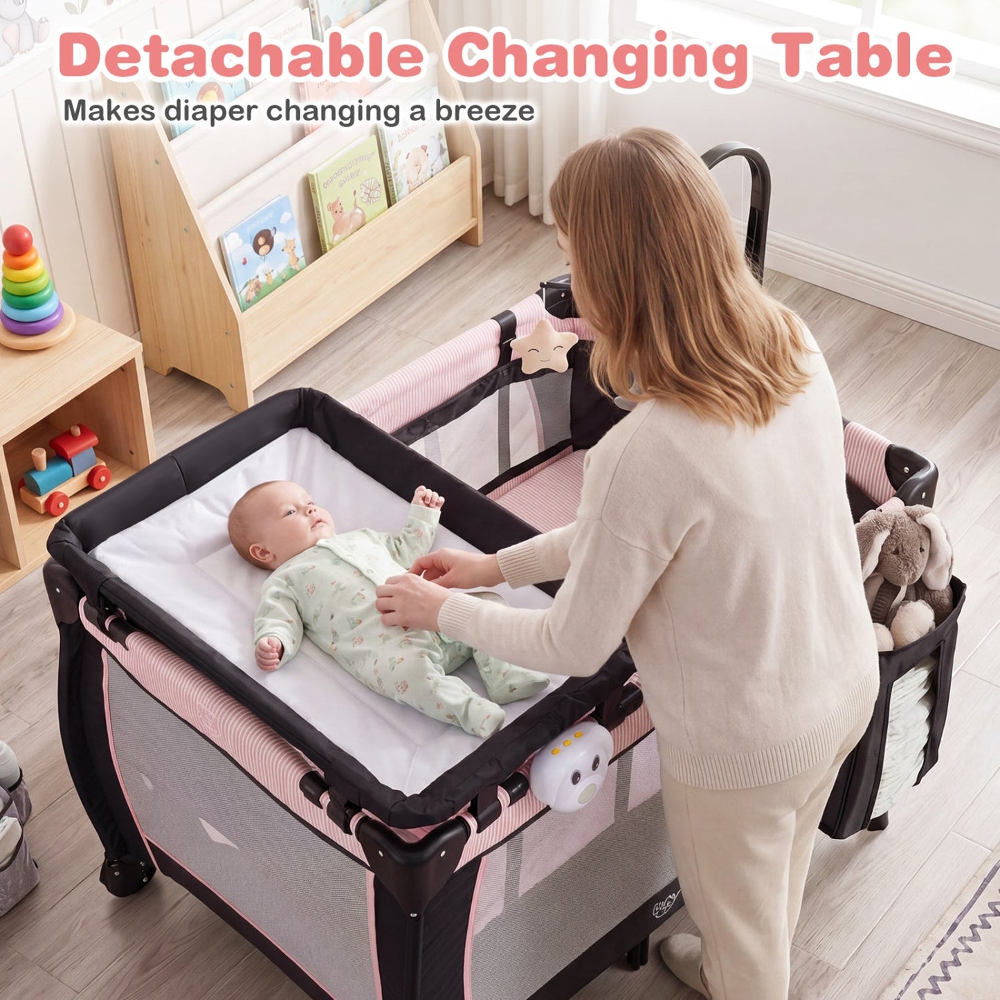Baby Playpen with Changing Table and Bassinet - Pink