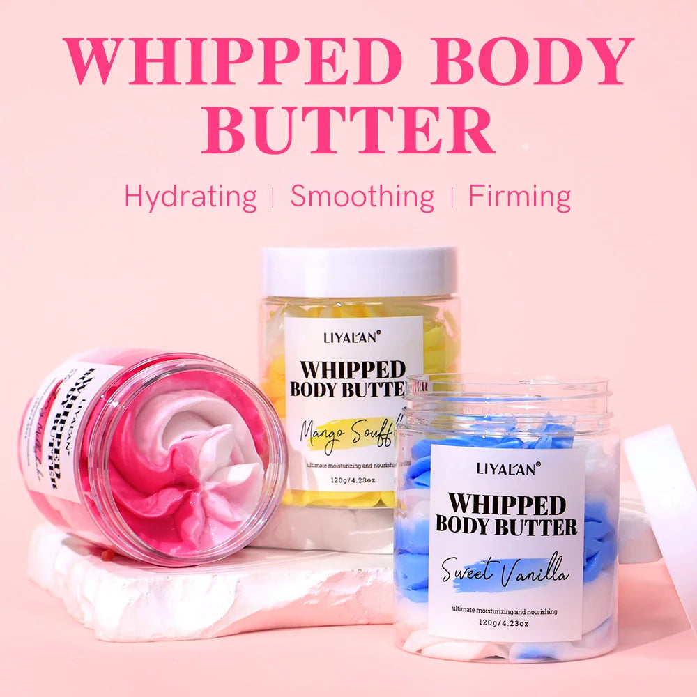 Two jars of LIYAZAN whipped body butter on a pink background with product names and benefits displayed. Multicolor Whipped Body Butter Coconut Oil Jojoba Oil Nourishing Hydration Cream Vegan Vanilla Mango Strawberry B