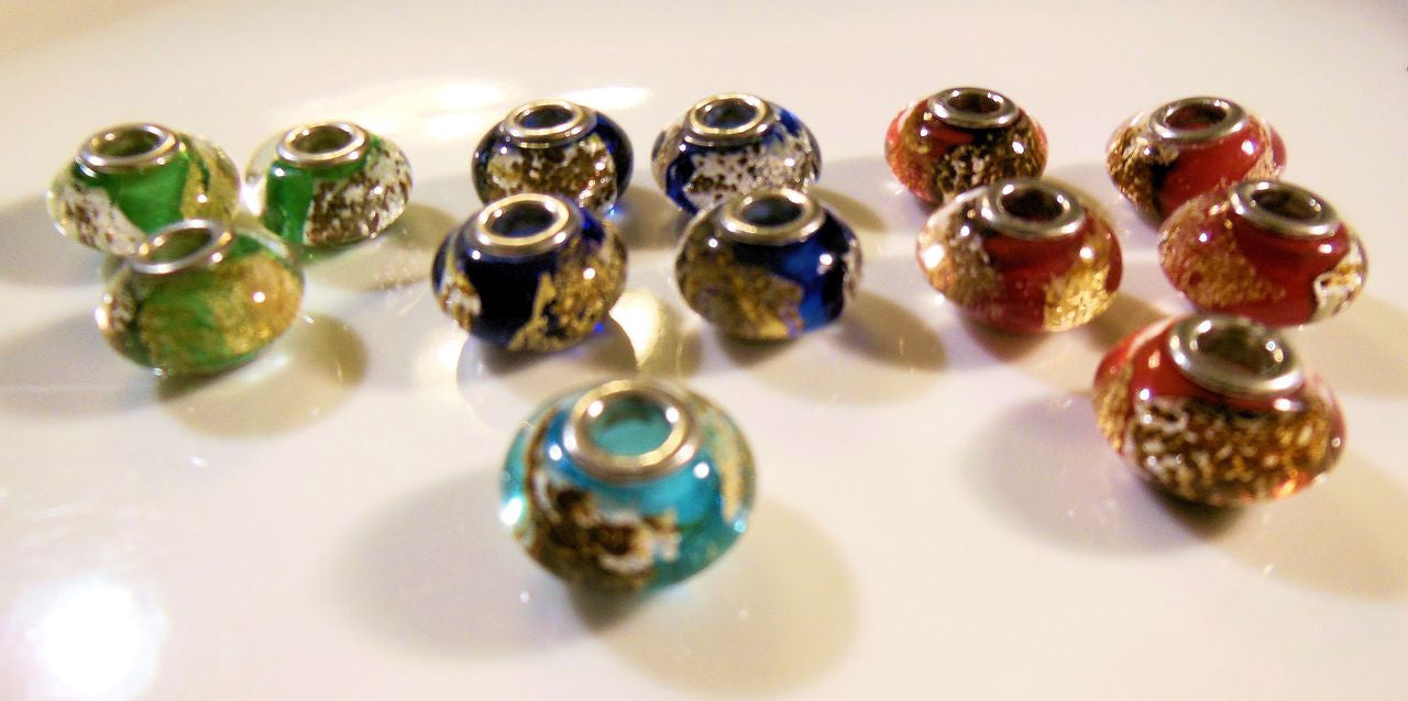 Navy Blue Murano Glass with Gold Flakes on Sterling Silver. Fits Pandora. Only 4 Available.-1