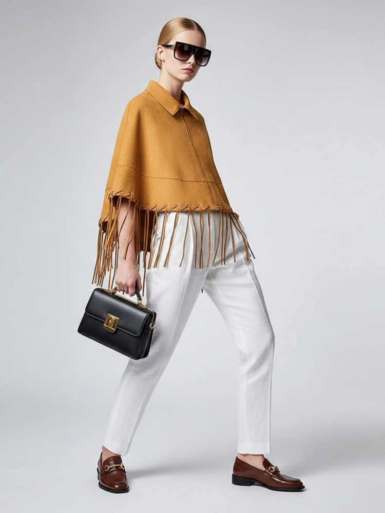 Mustard Suede-Finish Cape with Fringes and Eyelet Details • BYMANYC ® New York-1