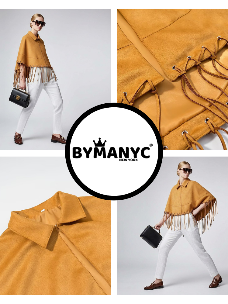 Mustard Suede-Finish Cape with Fringes and Eyelet Details • BYMANYC ® New York-2