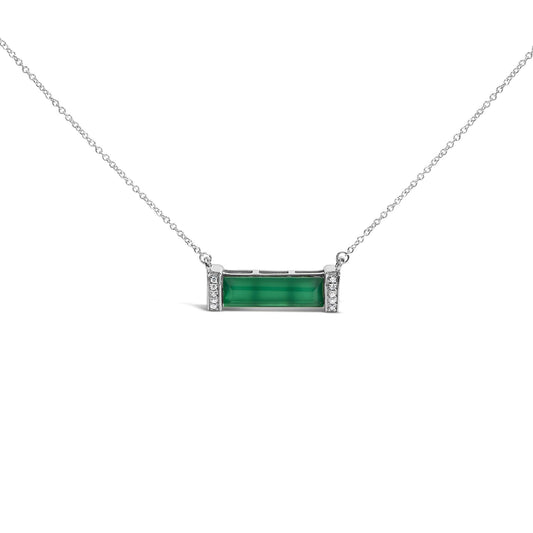 Sterling Silver Diamond Accent and Green Agate Bar Pendant Necklace-0