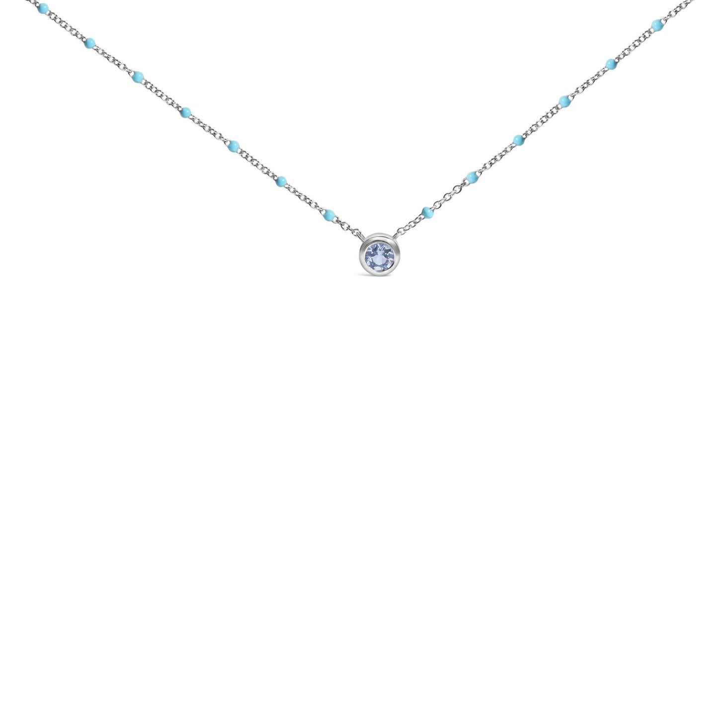 Sterling Silver Bezel Set Light Blue Aquamarine and Enamel Bead Chain Necklace-0