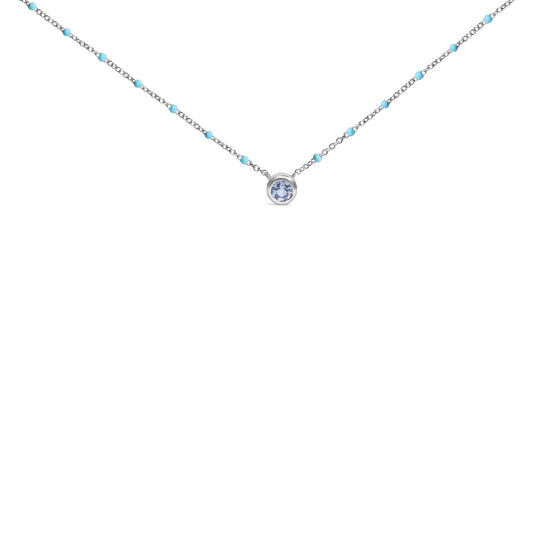 Sterling Silver Bezel Set Light Blue Aquamarine and Enamel Bead Chain Necklace-0