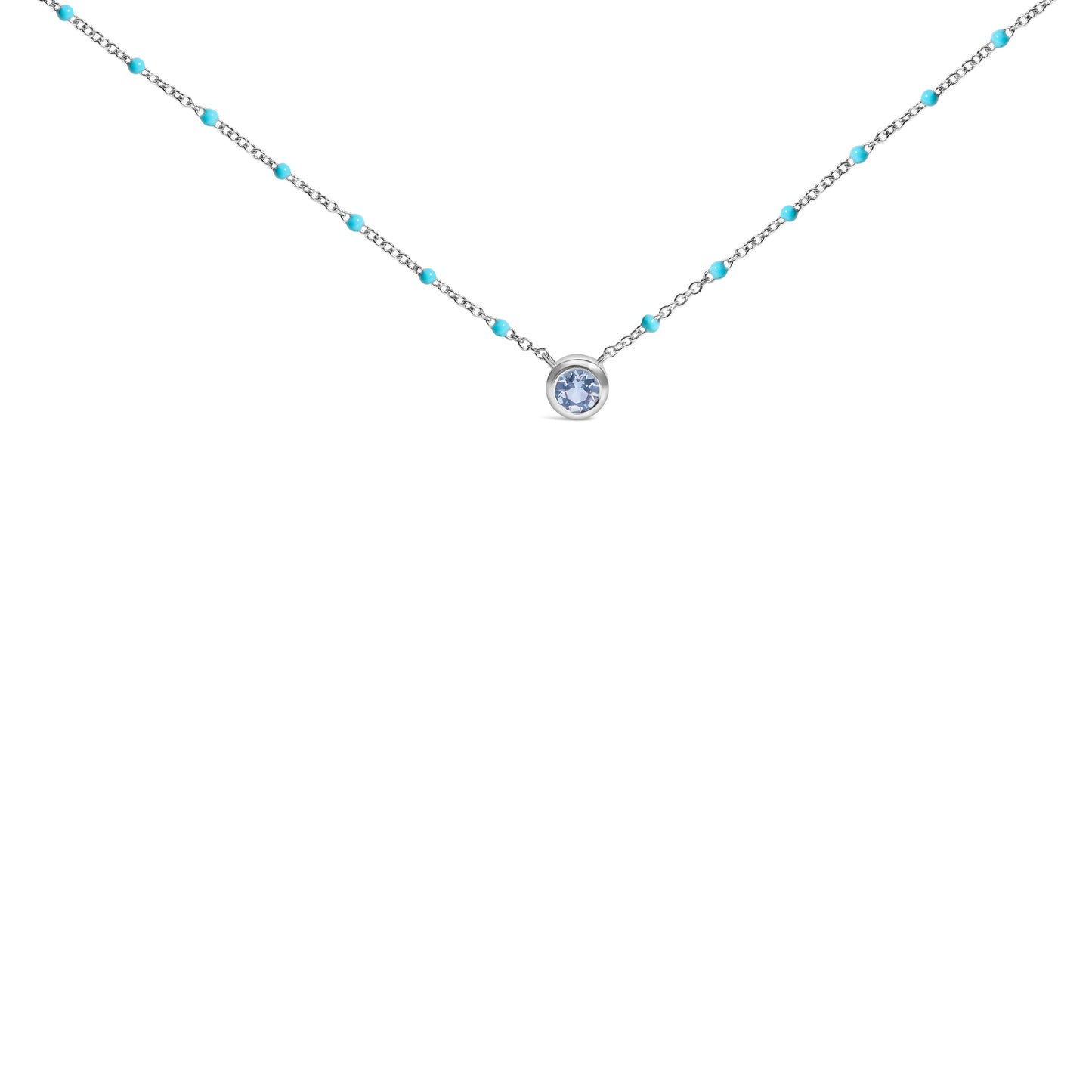 Sterling Silver Bezel Set Light Blue Aquamarine and Enamel Bead Chain Necklace