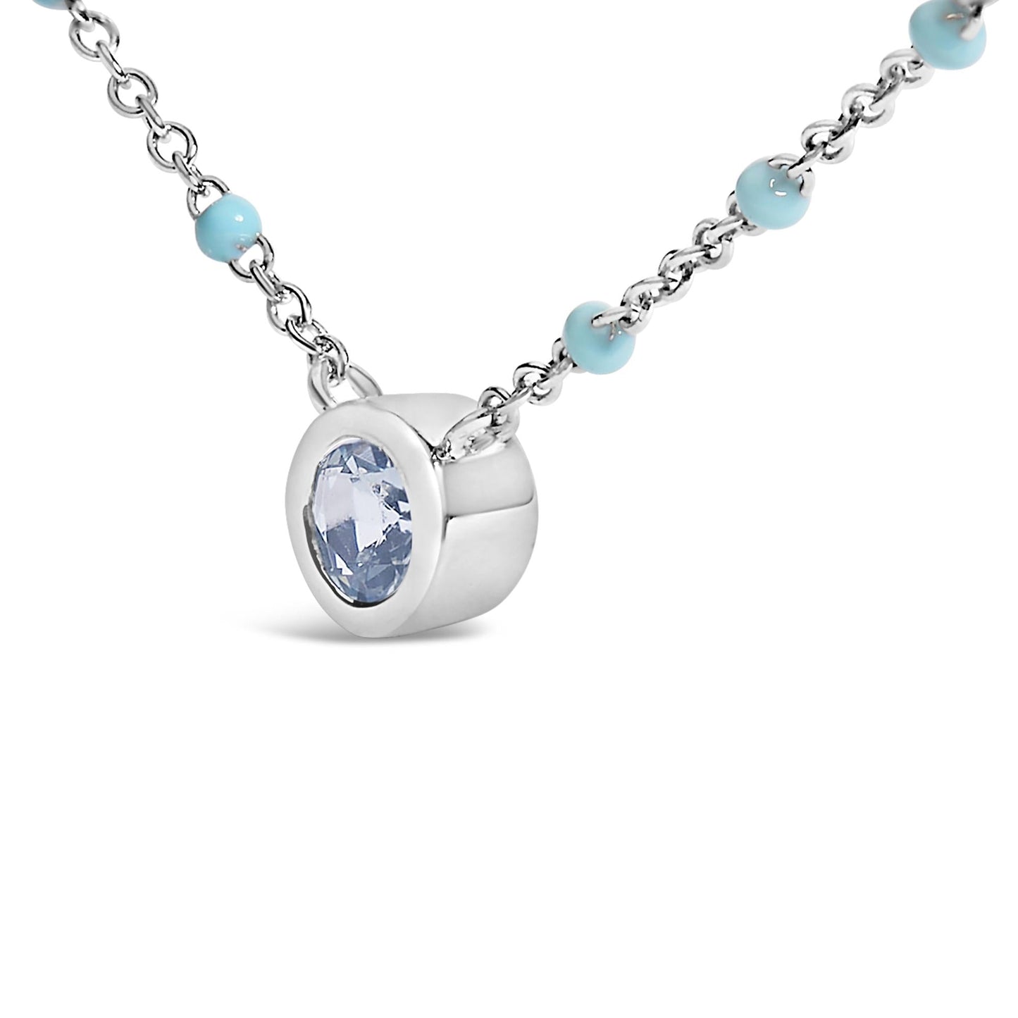 Sterling Silver Bezel Set Light Blue Aquamarine and Enamel Bead Chain Necklace-3