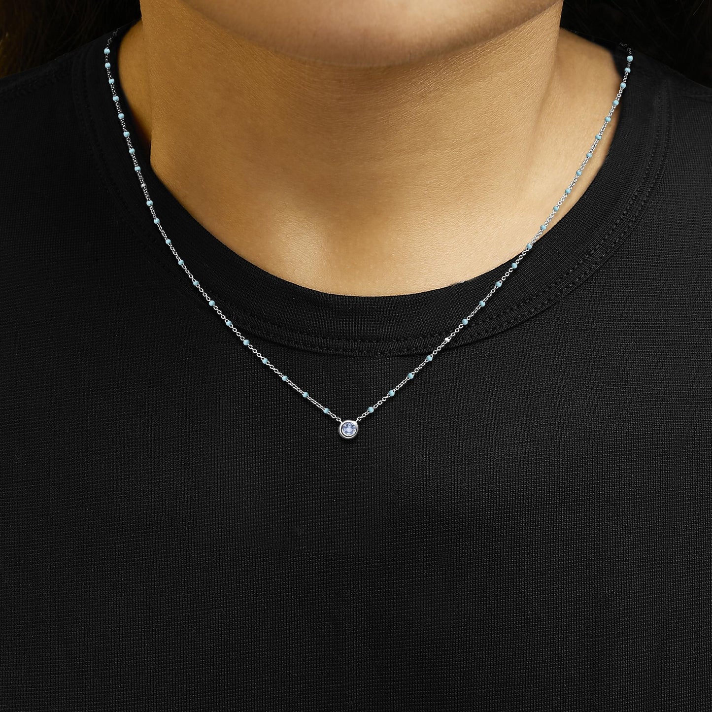 Sterling Silver Bezel Set Light Blue Aquamarine and Enamel Bead Chain Necklace-2