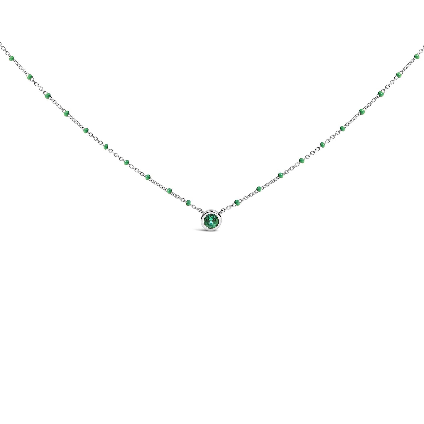 Sterling Silver Lab Created Emerald Bead Chain Necklace-0