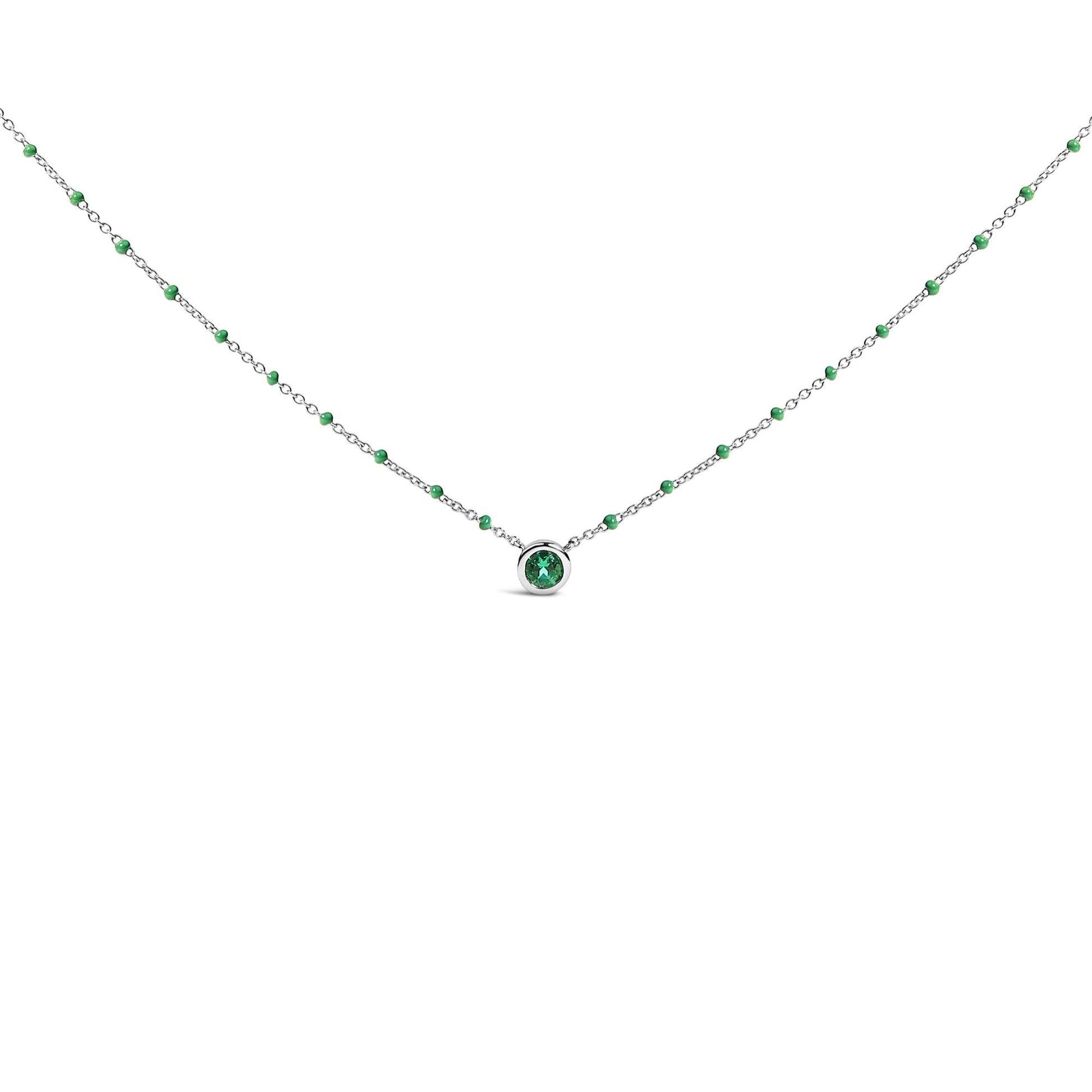 Sterling Silver Lab Created Emerald Bead Chain Necklace-0
