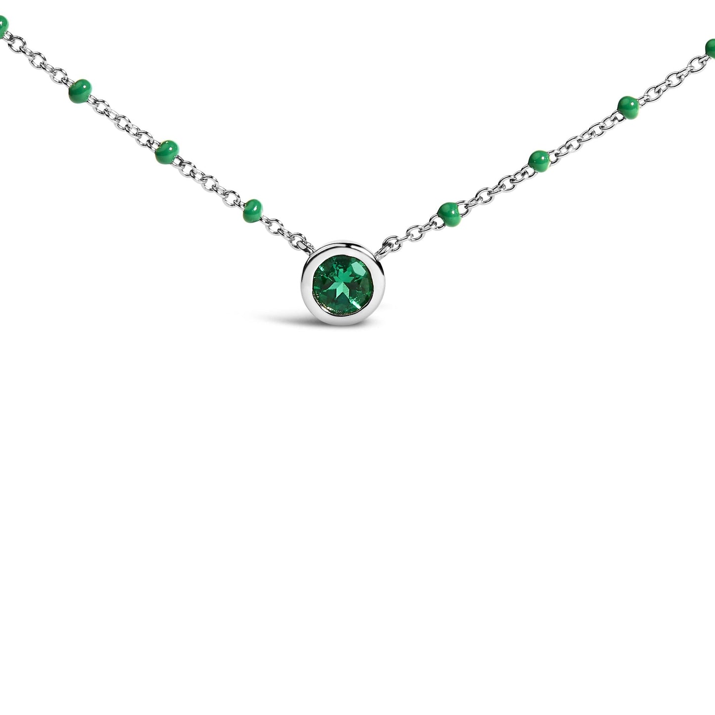 Sterling Silver Lab Created Emerald Bead Chain Necklace-1