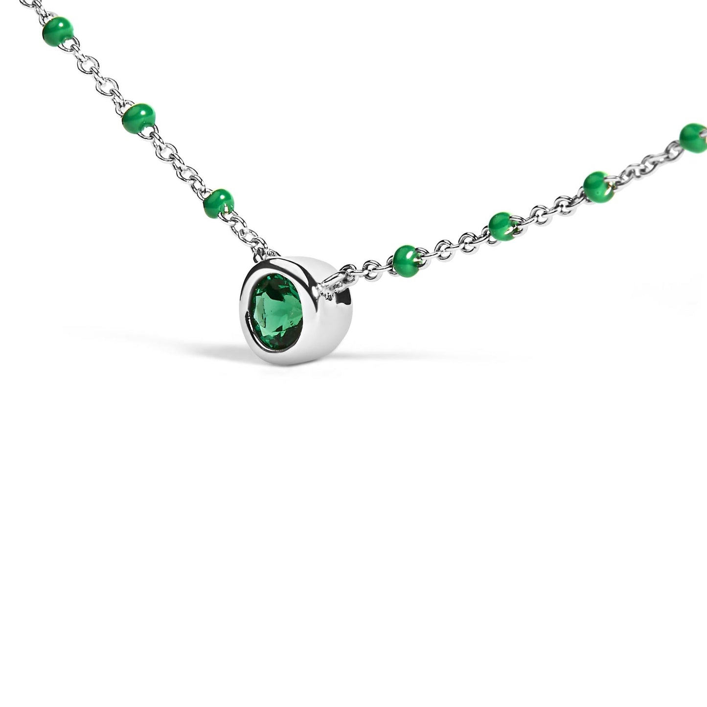 Sterling Silver Lab Created Emerald Bead Chain Necklace-3