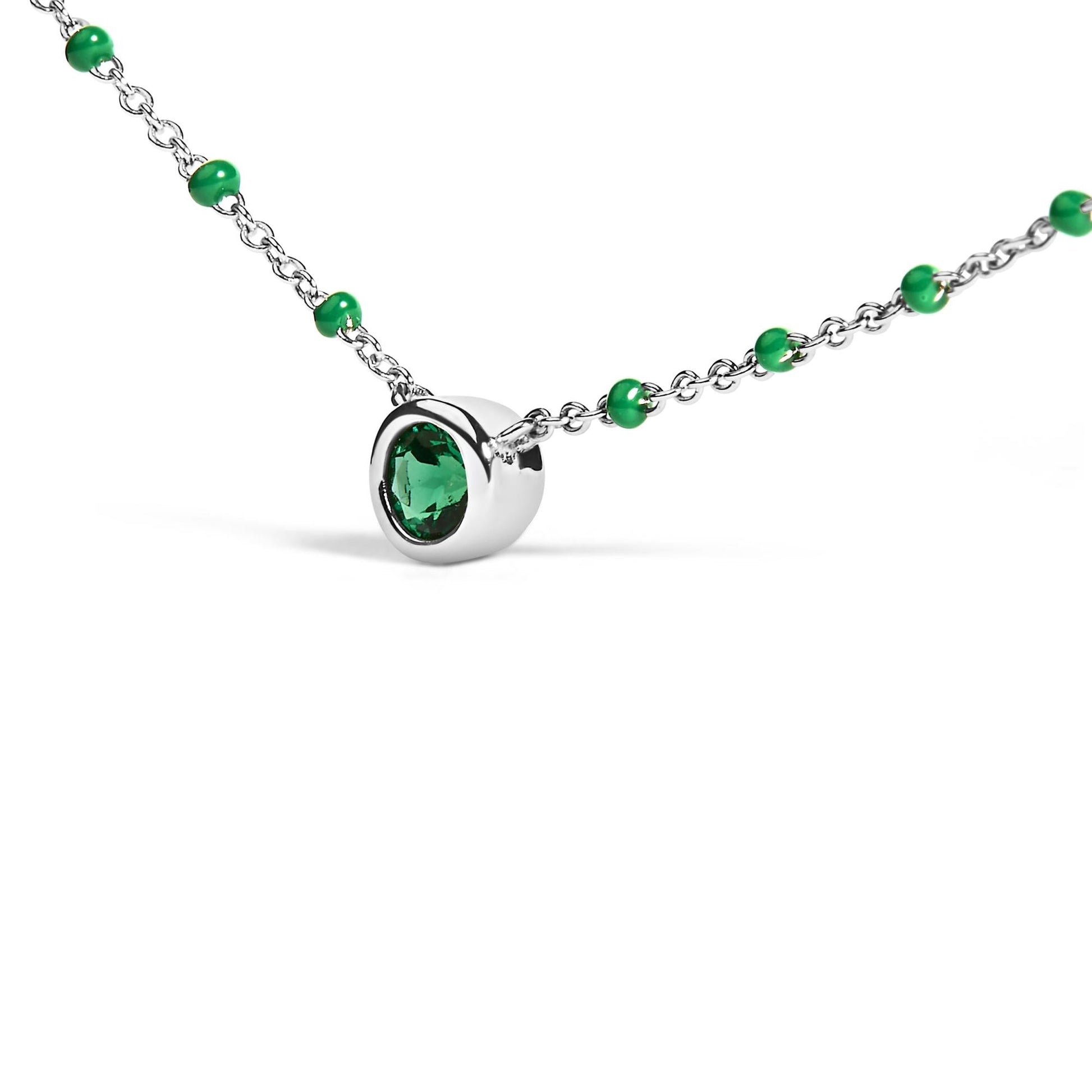 Sterling Silver Lab Created Emerald Bead Chain Necklace-3