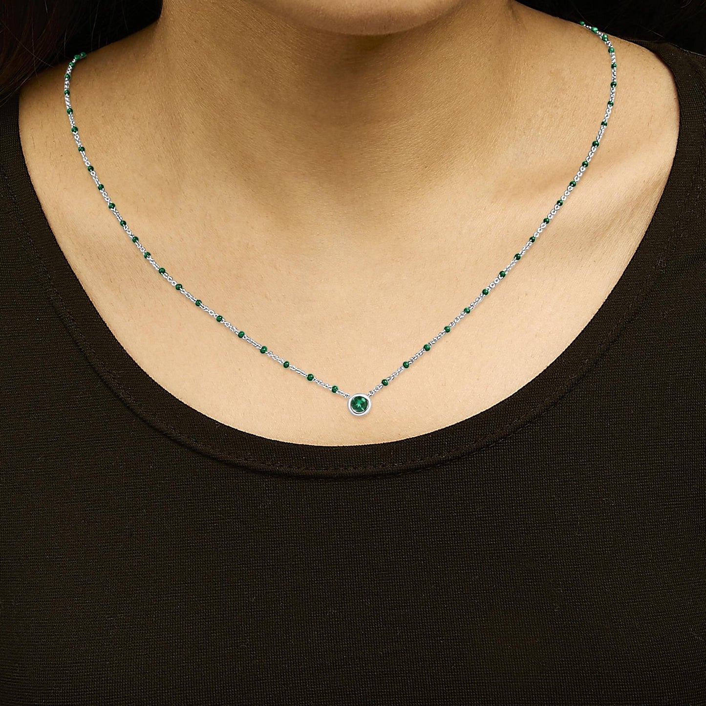 Sterling Silver Lab Created Emerald Bead Chain Necklace-2