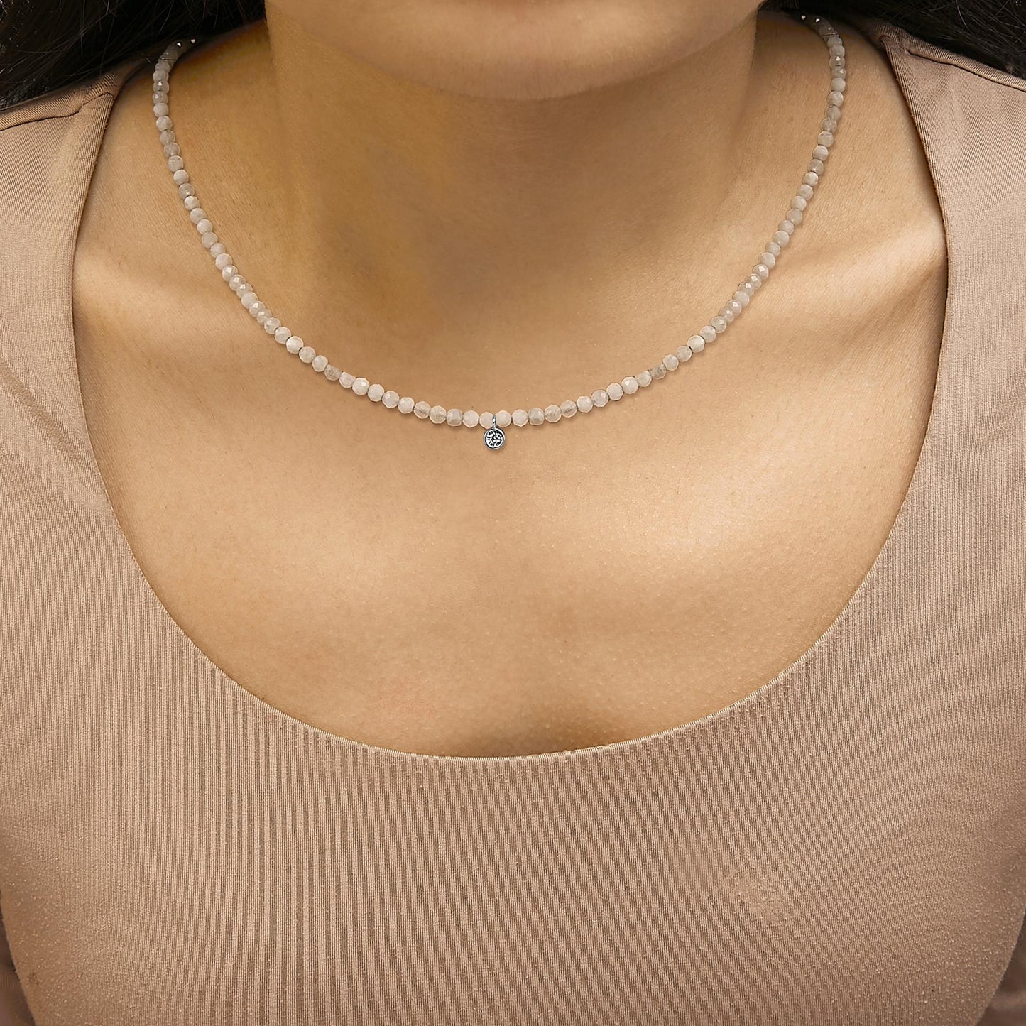 Sterling Silver Moonstone Bead Station Necklace with Diamond Accent-2