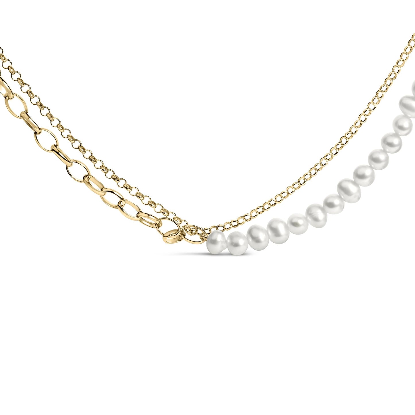 18K Yellow Gold Vermeil Cultured Pearl Strand Necklace with Rolo and Paperclip Chain-0
