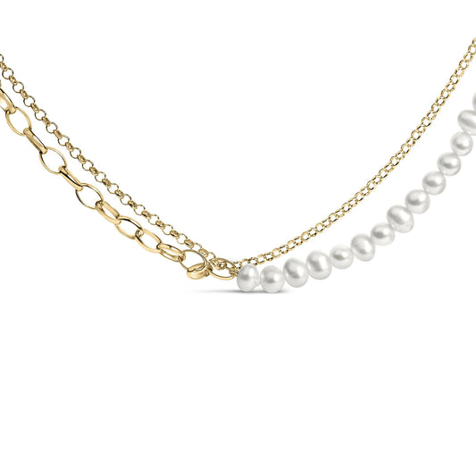18K Yellow Gold Vermeil Cultured Pearl Strand Necklace with Rolo and Paperclip Chain-0