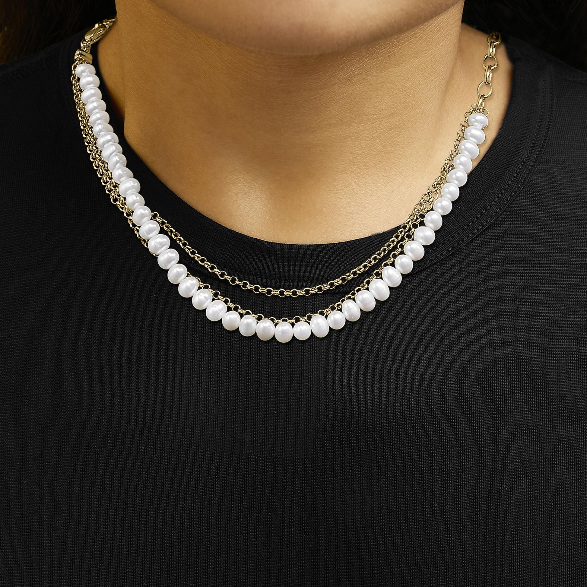18K Yellow Gold Vermeil Cultured Pearl Strand Necklace with Rolo and Paperclip Chain-2