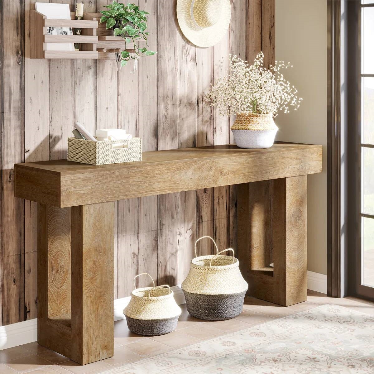 Modern Farmhouse 63-inch Long Narrow Console Sofa Table in Natural Wood Finish-1