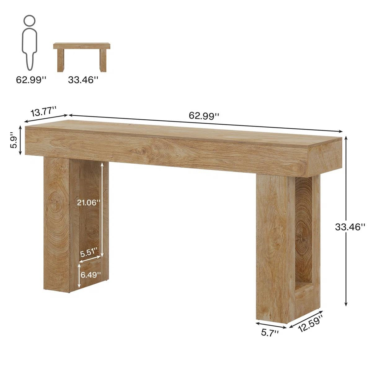Modern Farmhouse 63-inch Long Narrow Console Sofa Table in Natural Wood Finish-4