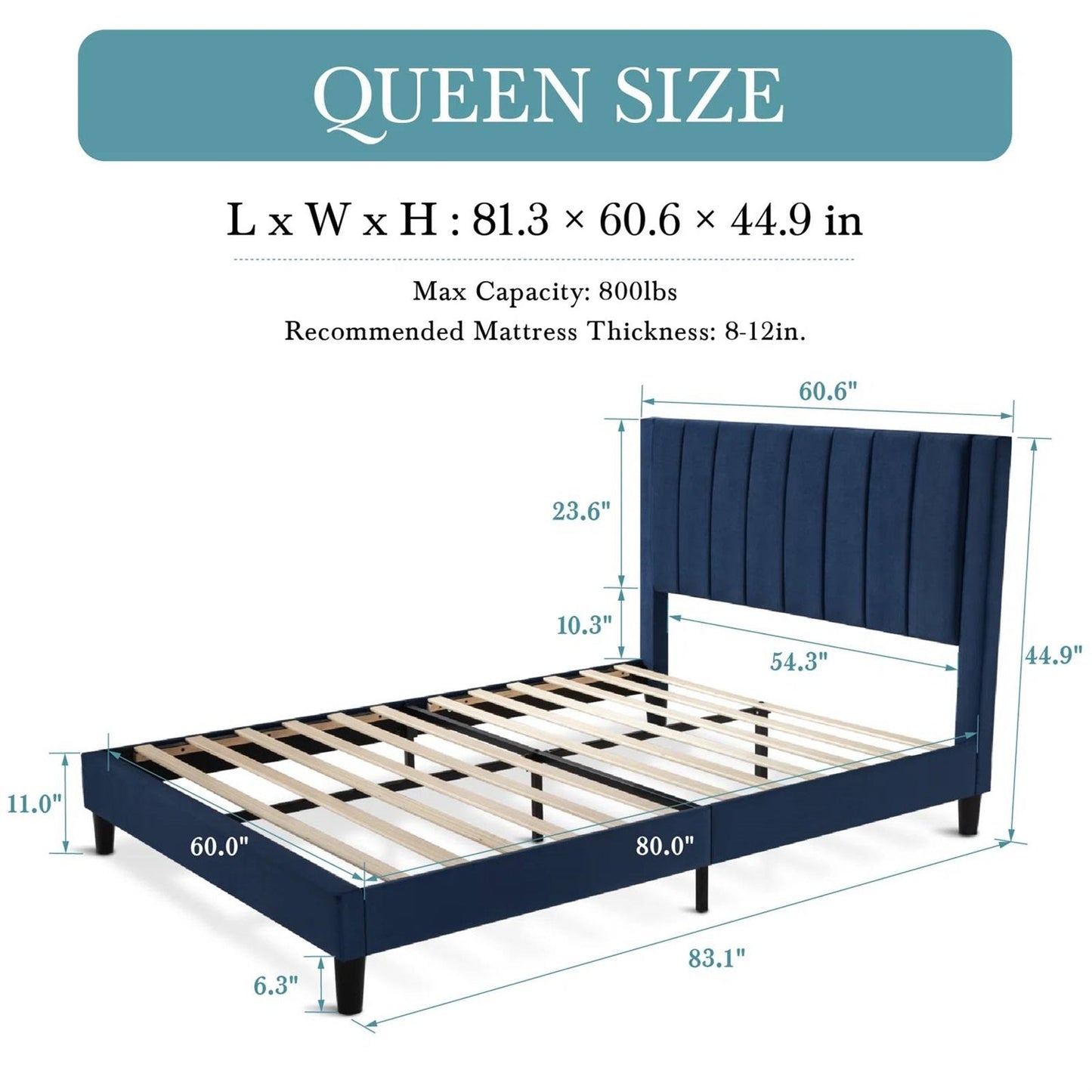 Queen size Modern Navy Blue Velvet Upholstered Platform Bed with Headboard-4