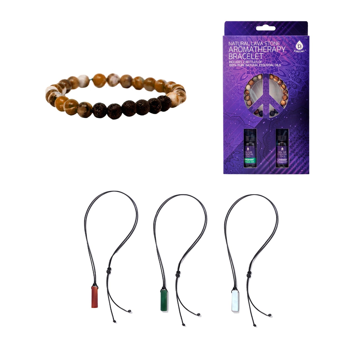 Mindful Energy Jewelry Set: Natural Lava Stone Bracelet with Essential Oils Set & Trinity Gemstone Necklace-0