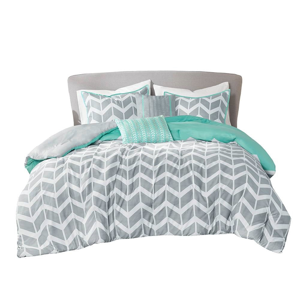 Twin/Twin XL Reversible Comforter Set in Grey White Aqua Teal Chevron Stripe-2
