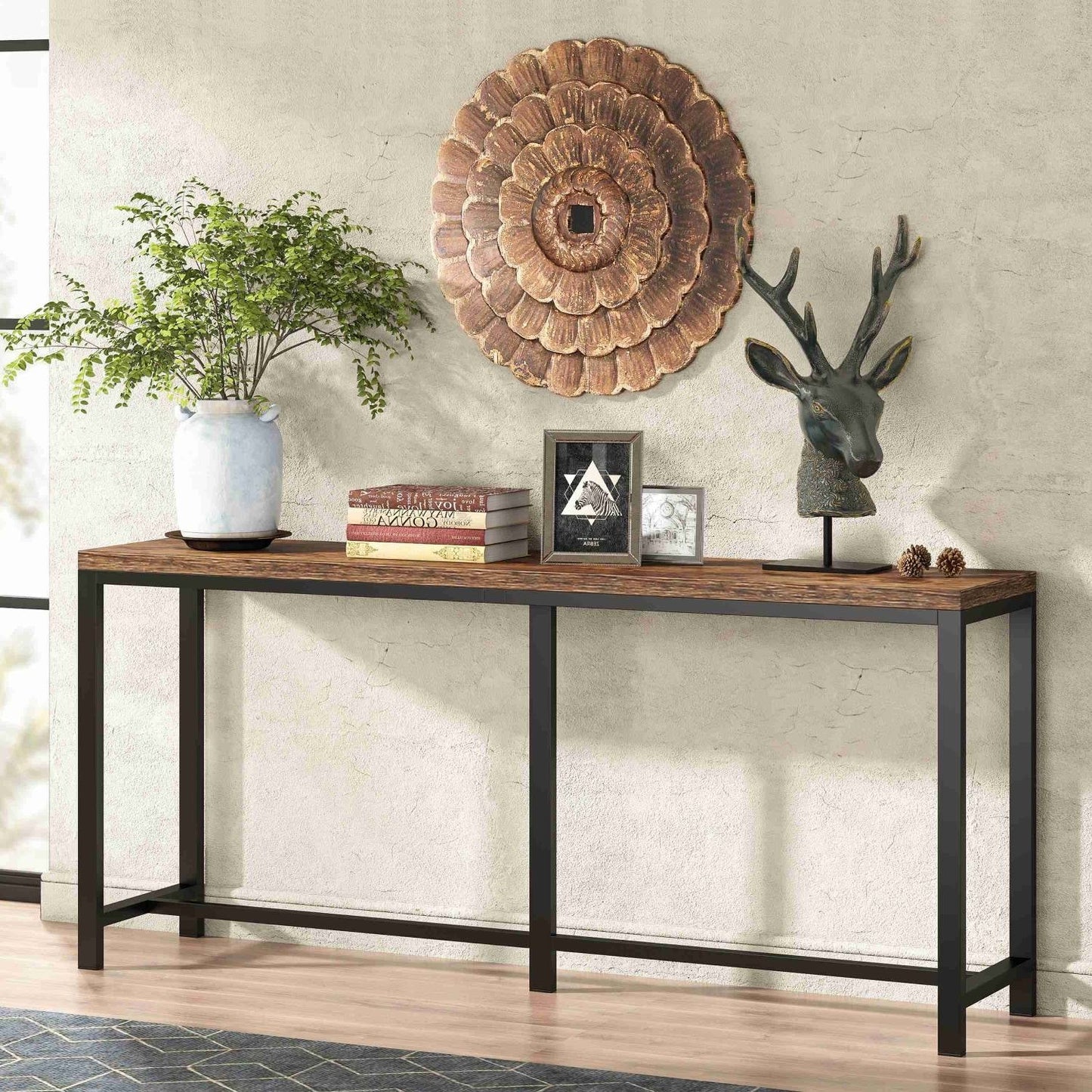 70-inch Long Narrow Hallway Sofa Table with Wood Top and Black Metal Frame-0