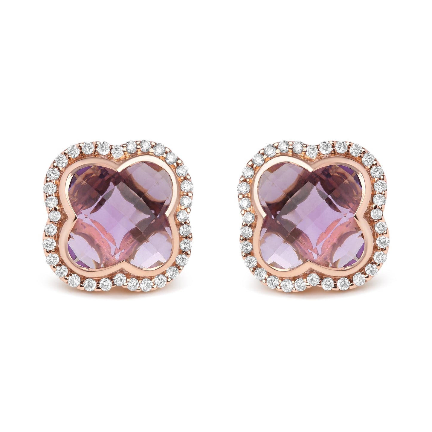 18K Rose Gold 3/8 Cttw Diamond and 11x11mm Clover-Cut Purple Amethyst Gemstone Clover Halo Stud Earrings (G-H Color, SI1-SI2 Clarity)-0