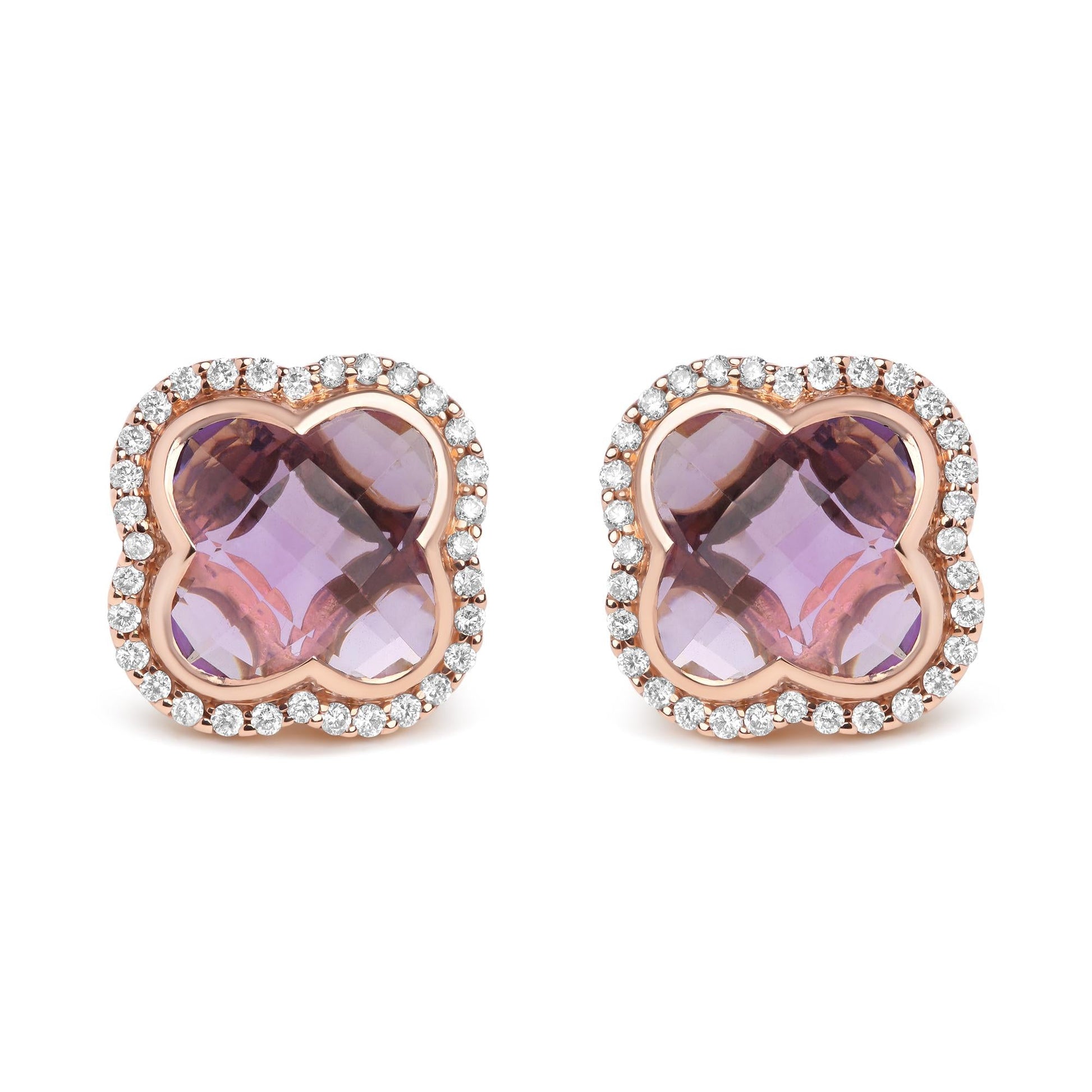 18K Rose Gold 3/8 Cttw Diamond and 11x11mm Clover-Cut Purple Amethyst Gemstone Clover Halo Stud Earrings (G-H Color, SI1-SI2 Clarity)-0