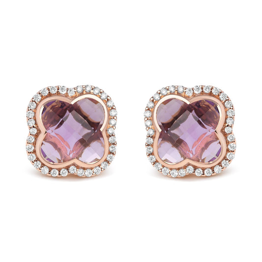 18K Rose Gold 3/8 Cttw Diamond and 11x11mm Clover-Cut Purple Amethyst Gemstone Clover Halo Stud Earrings (G-H Color, SI1-SI2 Clarity)-0