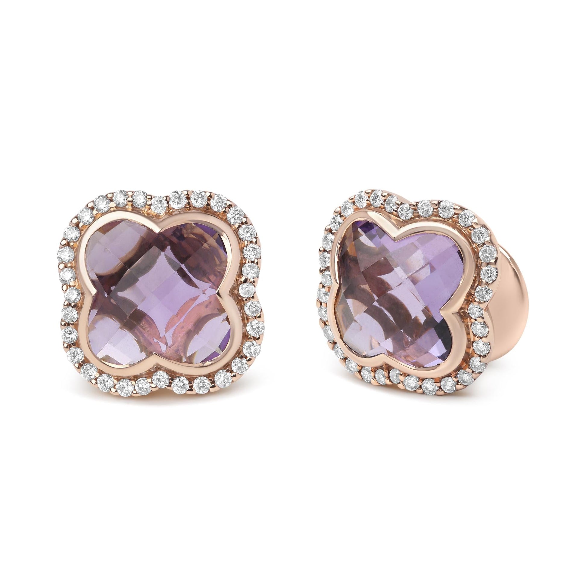 18K Rose Gold 3/8 Cttw Diamond and 11x11mm Clover-Cut Purple Amethyst Gemstone Clover Halo Stud Earrings (G-H Color, SI1-SI2 Clarity)-1
