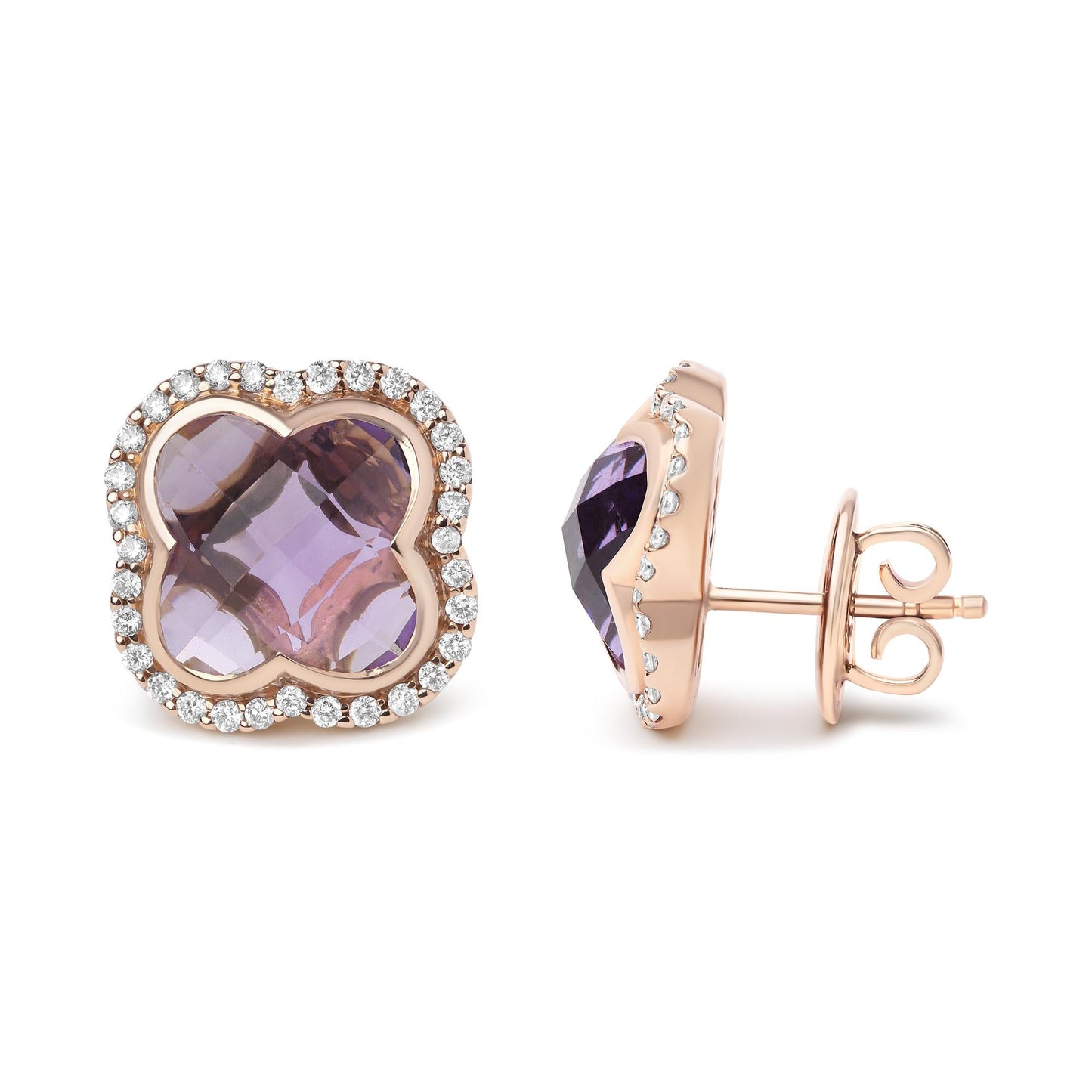 18K Rose Gold 3/8 Cttw Diamond and 11x11mm Clover-Cut Purple Amethyst Gemstone Clover Halo Stud Earrings (G-H Color, SI1-SI2 Clarity)-3