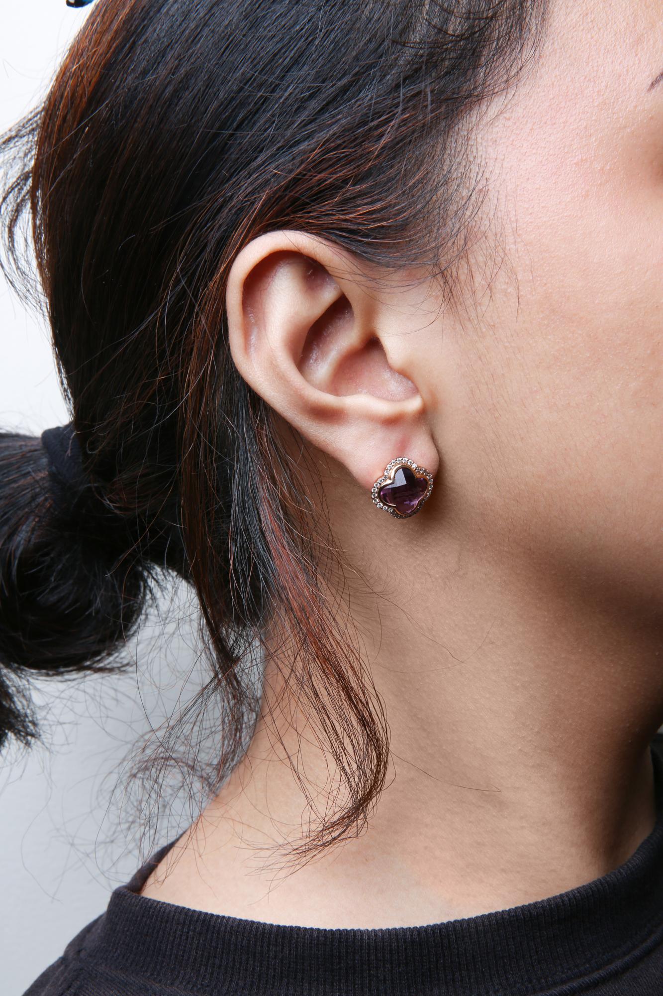 18K Rose Gold 3/8 Cttw Diamond and 11x11mm Clover-Cut Purple Amethyst Gemstone Clover Halo Stud Earrings (G-H Color, SI1-SI2 Clarity)-2