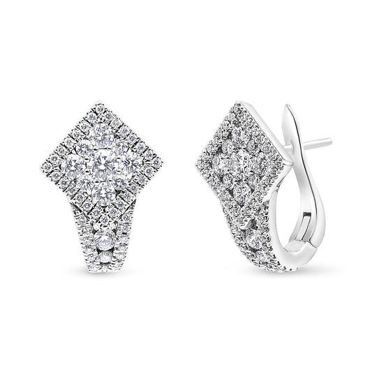 18K White Gold 1 1/10 Cttw Round Diamond Cluster with Halo Hoop Huggie Earring (F-G Color, VS1-VS2 Clarity)-0