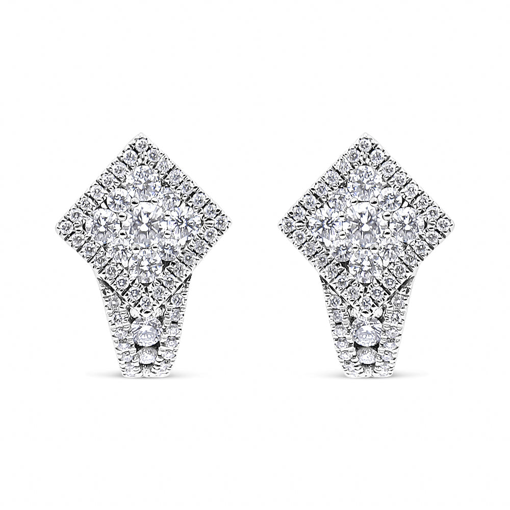 18K White Gold 1 1/10 Cttw Round Diamond Cluster with Halo Hoop Huggie Earring (F-G Color, VS1-VS2 Clarity)-1