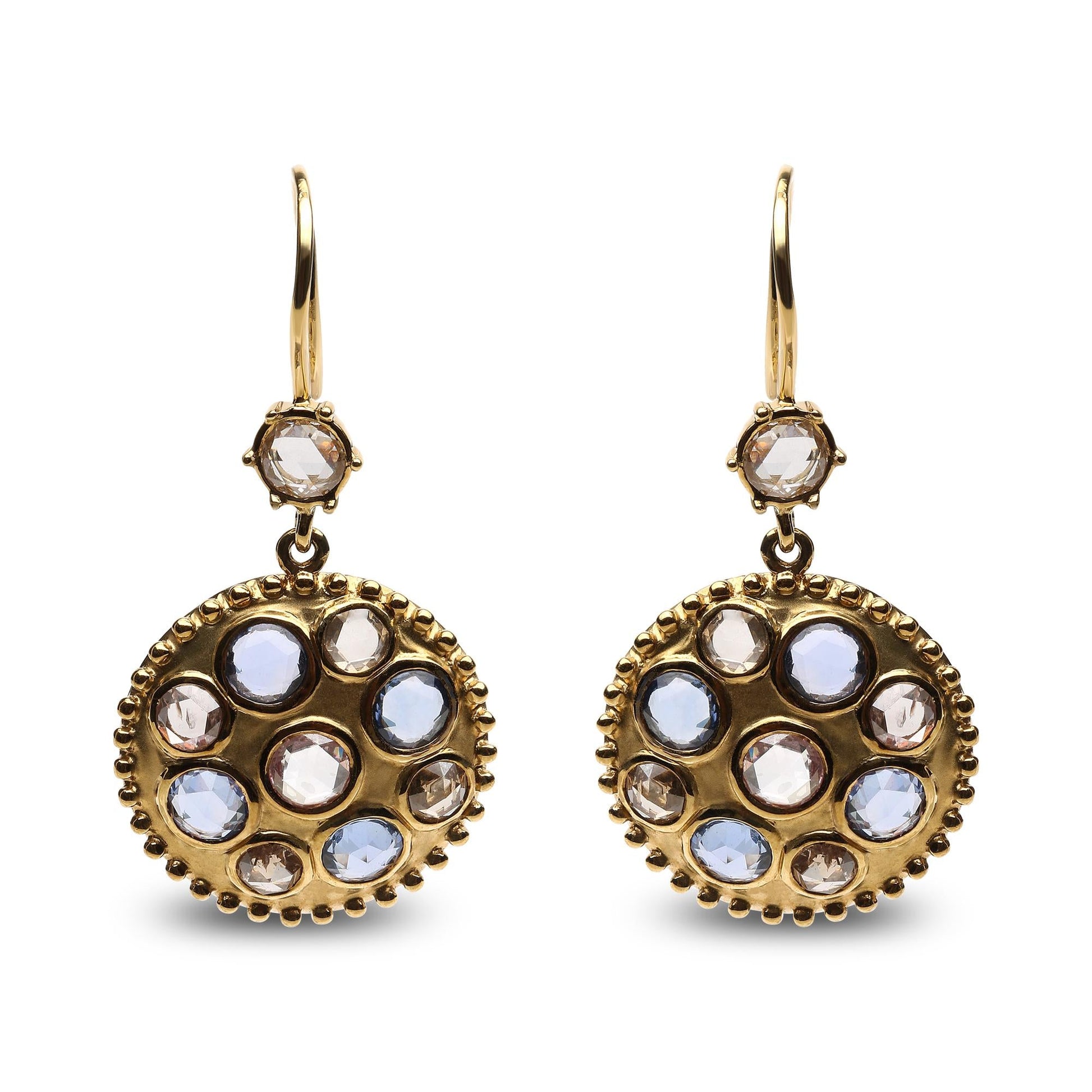18K Yellow Gold 1 2/3 Cttw Diamond and Blue Sapphire Bezel Set Gemstone Cluster Medallion Dangle Earrings (Brown and G-H Color, SI1-SI2 Clarity)-0