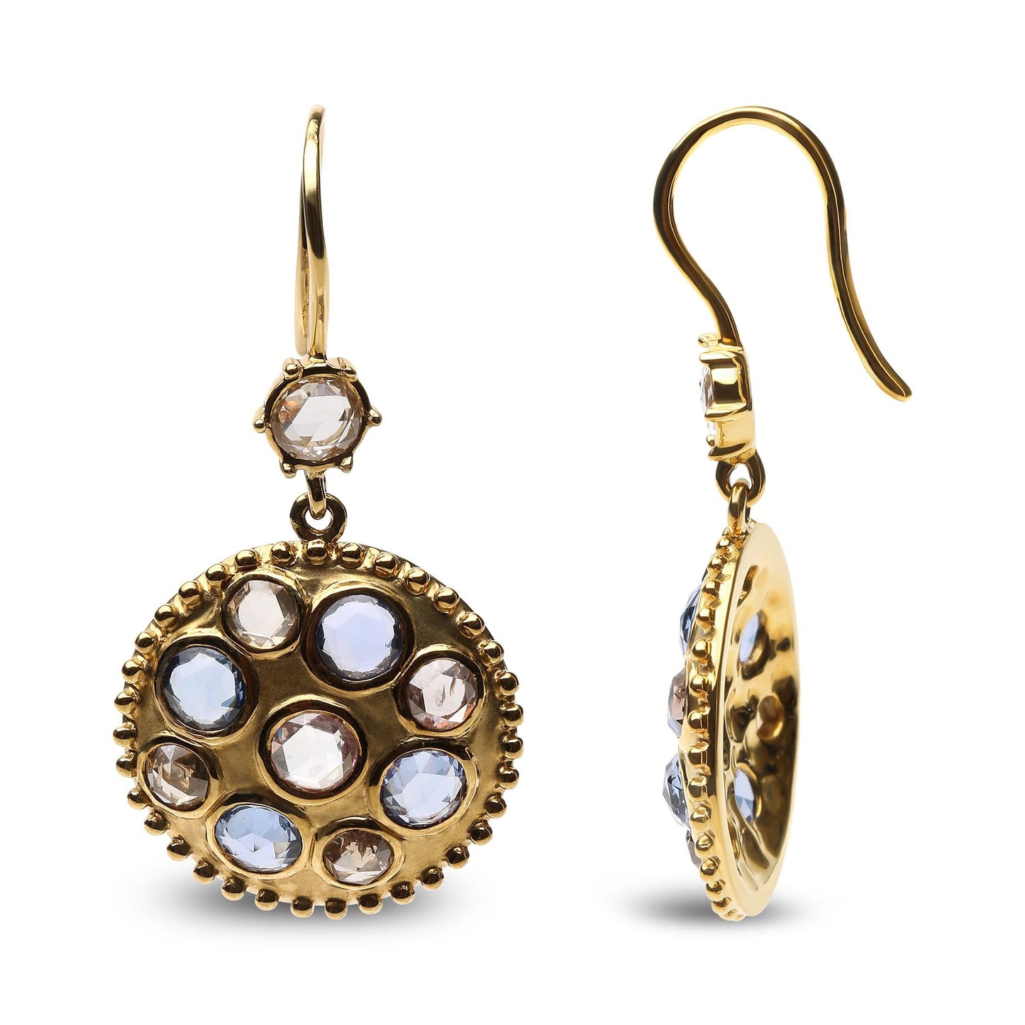 18K Yellow Gold 1 2/3 Cttw Diamond and Blue Sapphire Bezel Set Gemstone Cluster Medallion Dangle Earrings (Brown and G-H Color, SI1-SI2 Clarity)-2