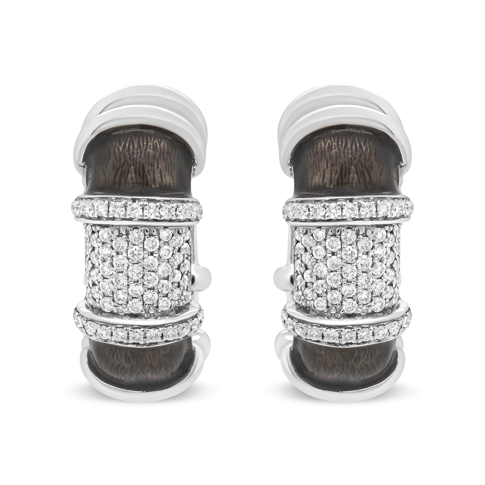 18K White Gold Flash Plated .925 Sterling Silver Clear Graphite Grey Enamel 5/8 Cttw Round Diamonds Huggie Hoop Earrings (F-G Color, VS1-VS2 Clarity)-1