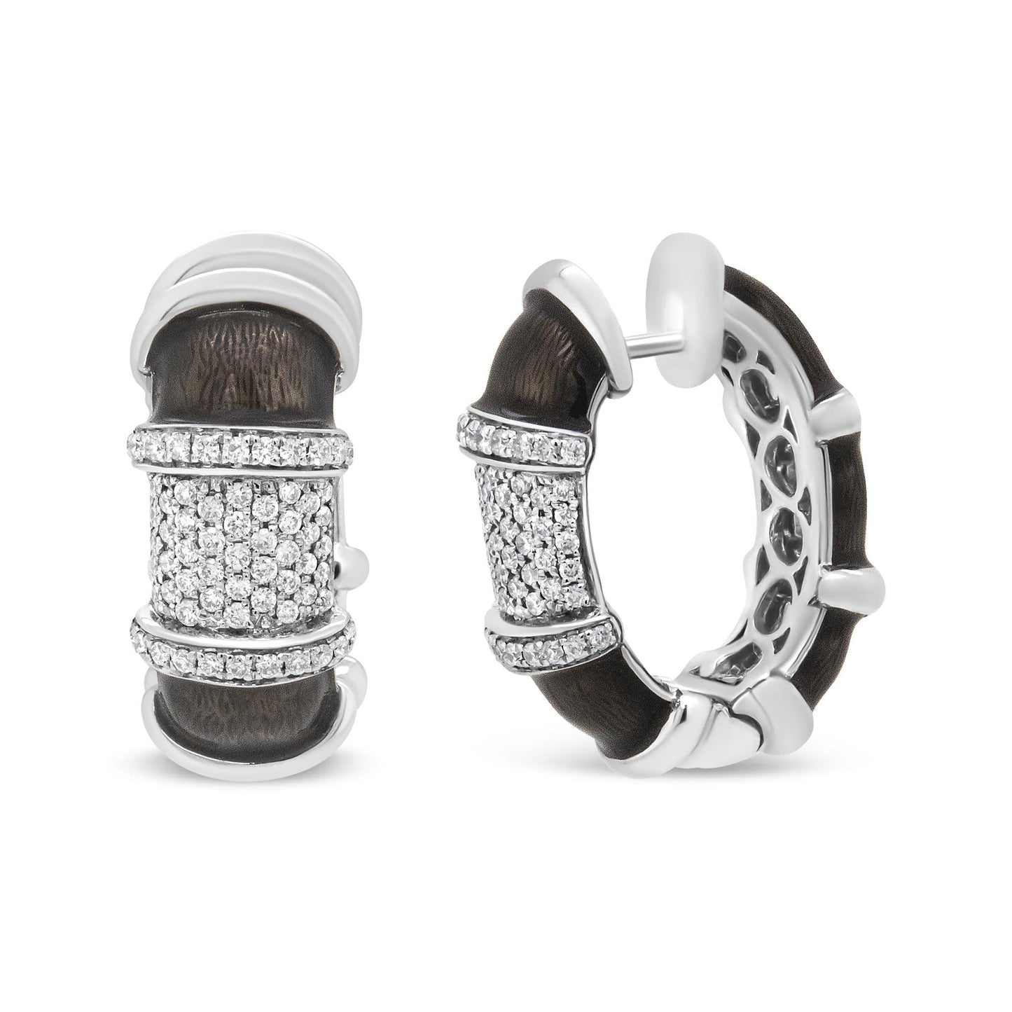 18K White Gold Flash Plated .925 Sterling Silver Clear Graphite Grey Enamel 5/8 Cttw Round Diamonds Huggie Hoop Earrings (F-G Color, VS1-VS2 Clarity)-3