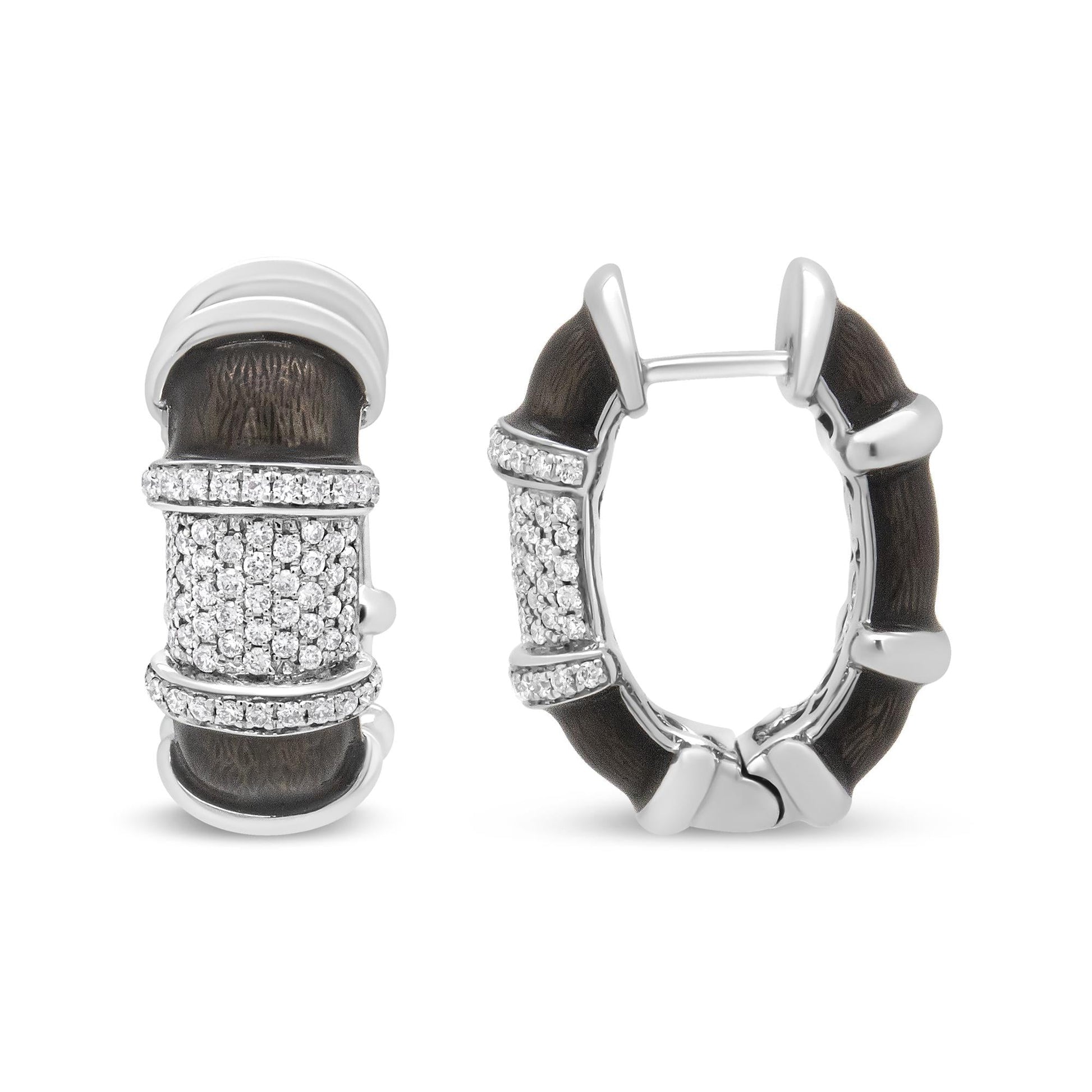 18K White Gold Flash Plated .925 Sterling Silver Clear Graphite Grey Enamel 5/8 Cttw Round Diamonds Huggie Hoop Earrings (F-G Color, VS1-VS2 Clarity)-4