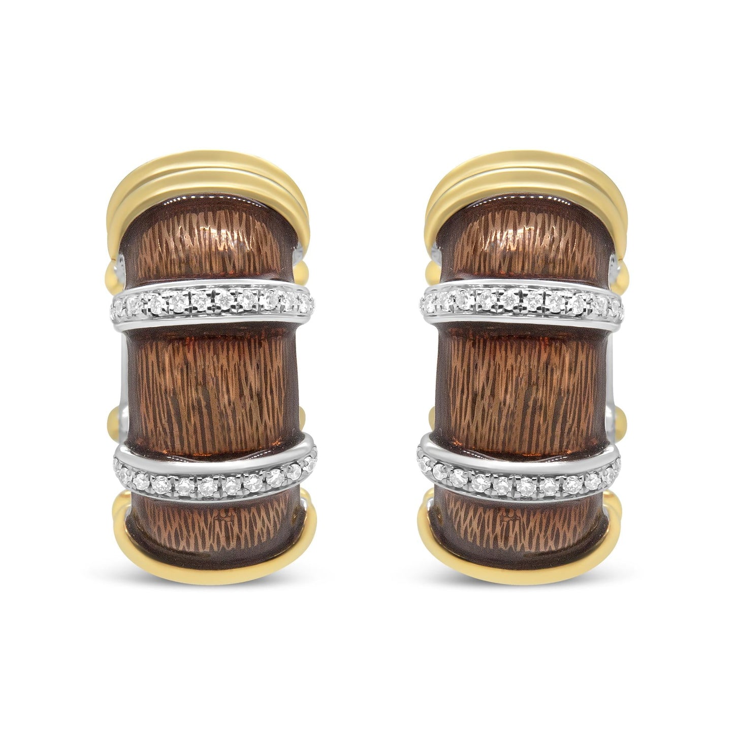 18K Yellow and White Gold Flash Plated .925 Sterling Silver Clear Brown Enamel 9/10 Cttw Round Diamonds Huggie Hoop Earrings (F-G Color, VS1-VS2 Clarity)-0