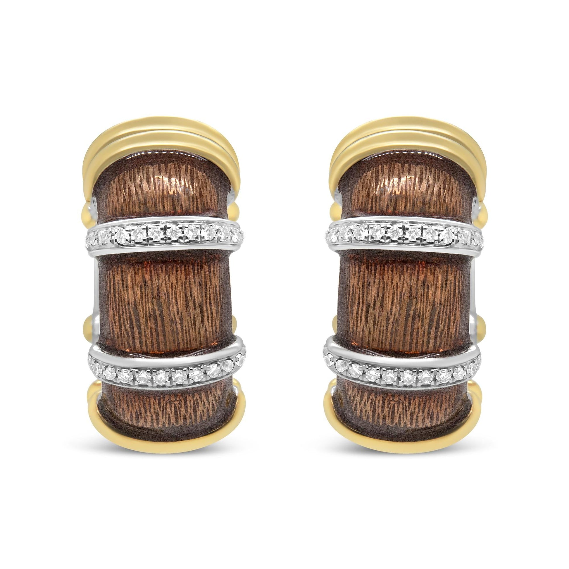 18K Yellow and White Gold Flash Plated .925 Sterling Silver Clear Brown Enamel 9/10 Cttw Round Diamonds Huggie Hoop Earrings (F-G Color, VS1-VS2 Clarity)-0