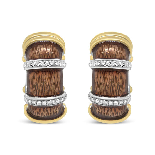 18K Yellow and White Gold Flash Plated .925 Sterling Silver Clear Brown Enamel 9/10 Cttw Round Diamonds Huggie Hoop Earrings (F-G Color, VS1-VS2 Clarity)-0