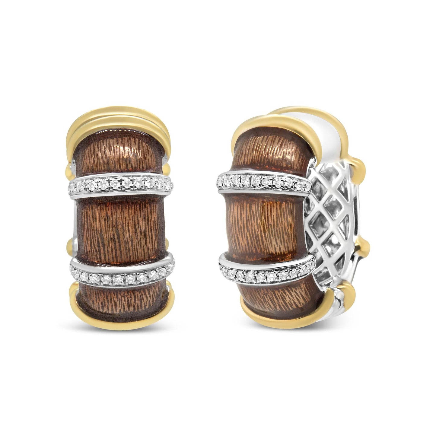 18K Yellow and White Gold Flash Plated .925 Sterling Silver Clear Brown Enamel 9/10 Cttw Round Diamonds Huggie Hoop Earrings (F-G Color, VS1-VS2 Clarity)-1