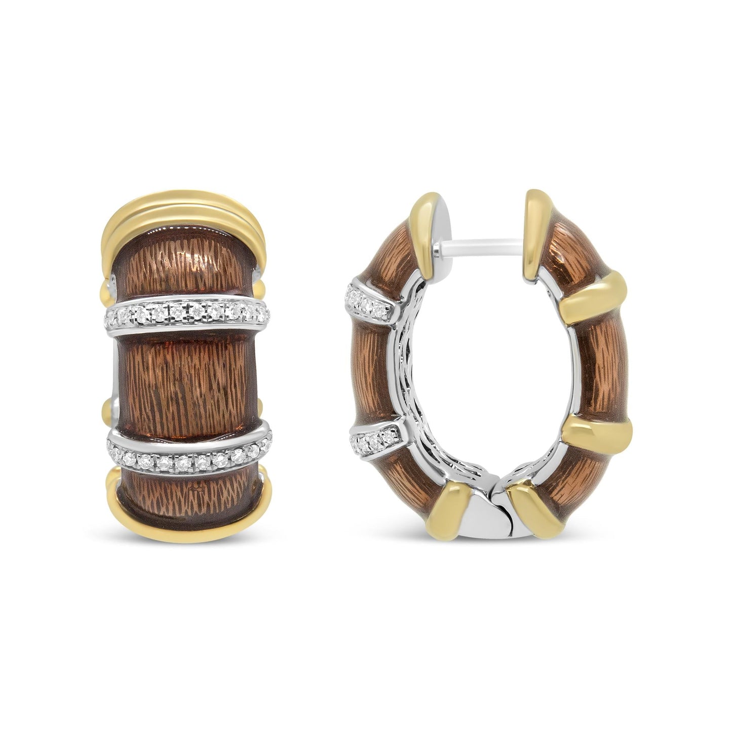 18K Yellow and White Gold Flash Plated .925 Sterling Silver Clear Brown Enamel 9/10 Cttw Round Diamonds Huggie Hoop Earrings (F-G Color, VS1-VS2 Clarity)-3