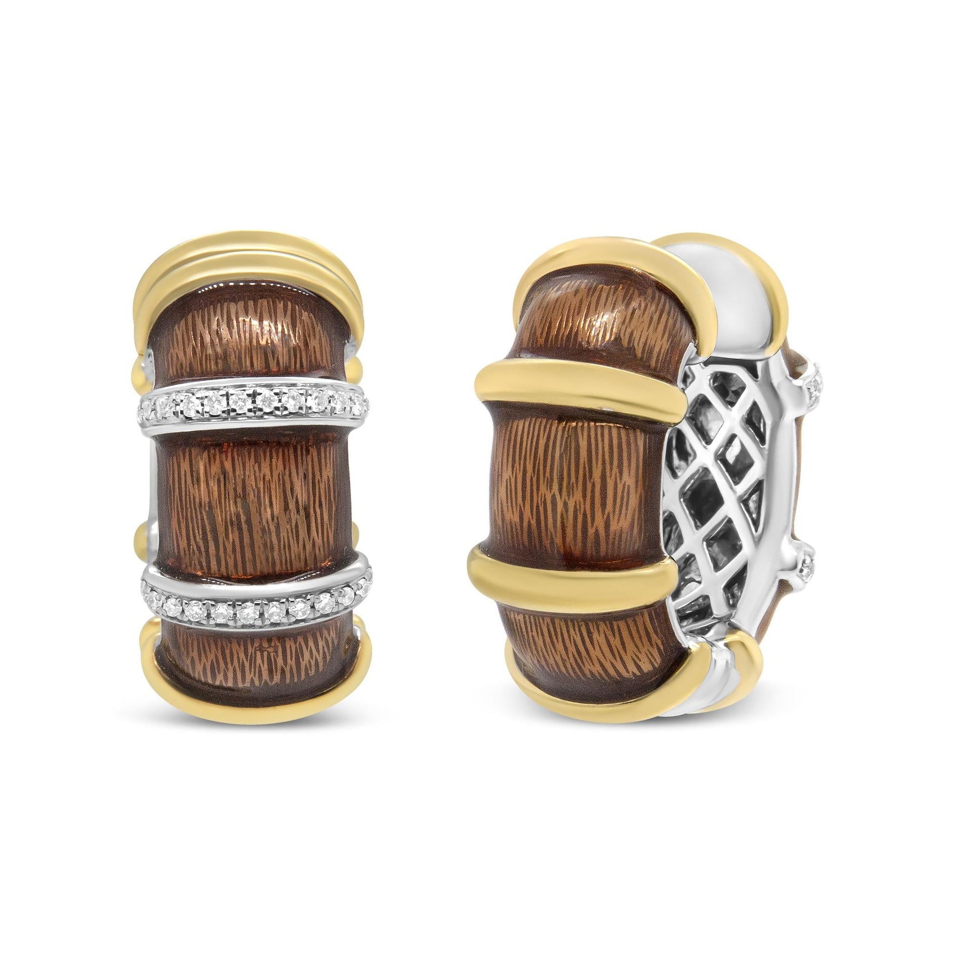 18K Yellow and White Gold Flash Plated .925 Sterling Silver Clear Brown Enamel 9/10 Cttw Round Diamonds Huggie Hoop Earrings (F-G Color, VS1-VS2 Clarity)-4