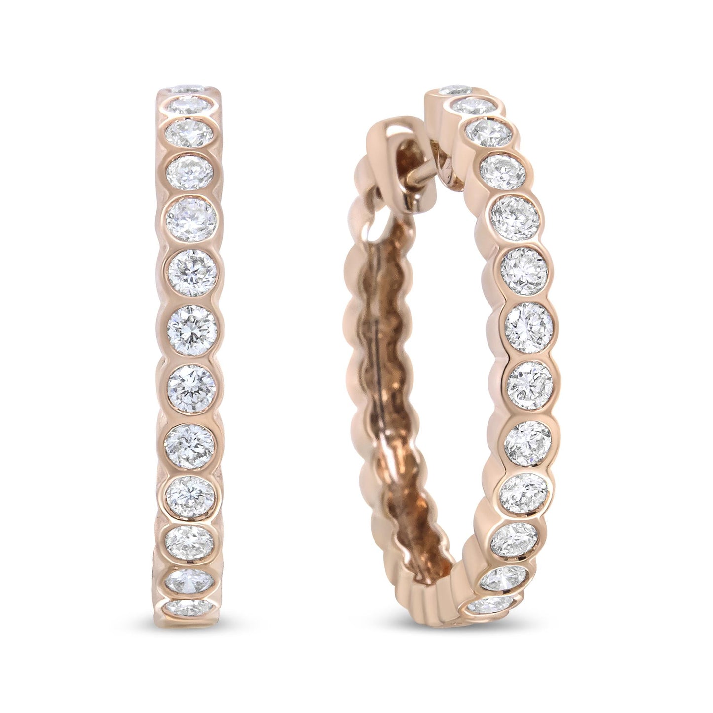 18K Rose Gold 1 Cttw Round Bezel-Set Diamond Hoop Earrings (F-G Color, VS1-VS2 Clarity)-3