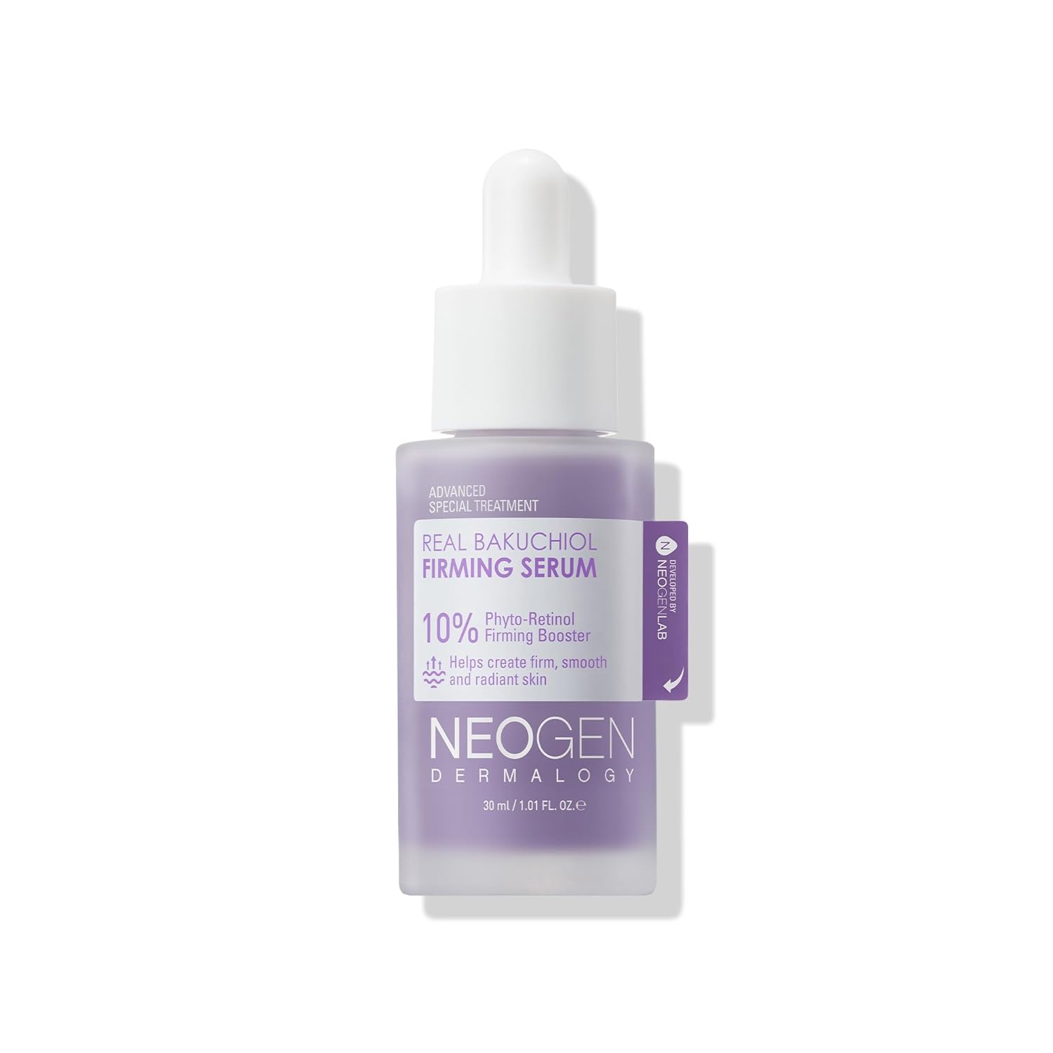 Neogen Dermalogy Real Bakuchiol Firming Serum bottle with dropper on a white background