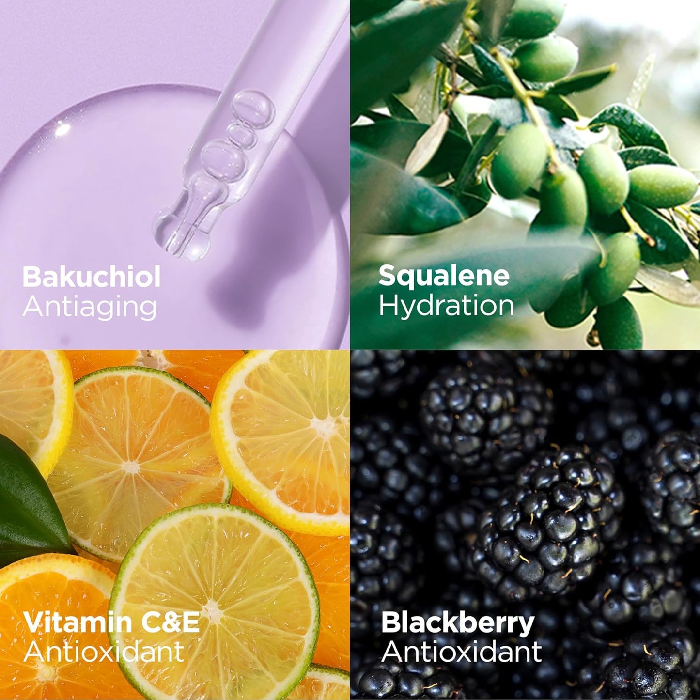 Collage of skincare ingredients with text labels on a purple background