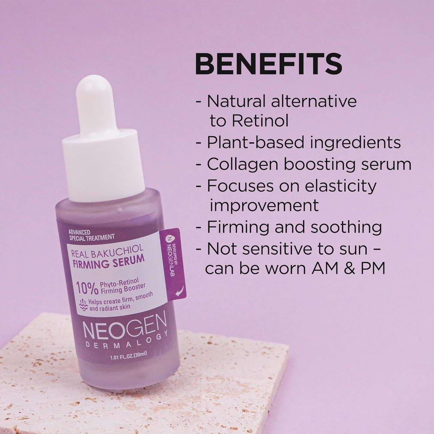 Neogen Dermalogy Real Bakuchiol Firming Serum bottle with benefits listed on a purple background